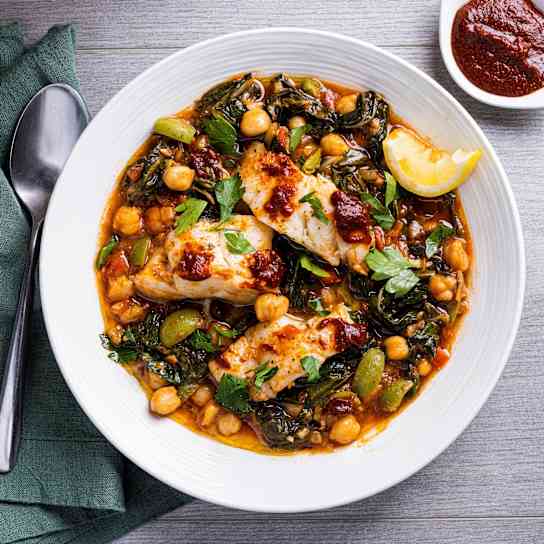 Smoky Chickpea Stew with Swiss Chard and Cod